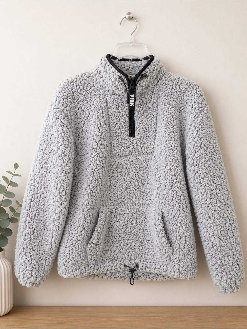 Victoria's Secret PINK Sherpa Pullover in Light Gray and Black Trim